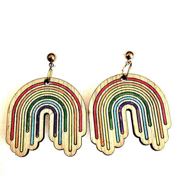 Vintage Wooden Rainbow Dangle Drop Pierced Earrings LGBTQ+ - Picture 1 of 3